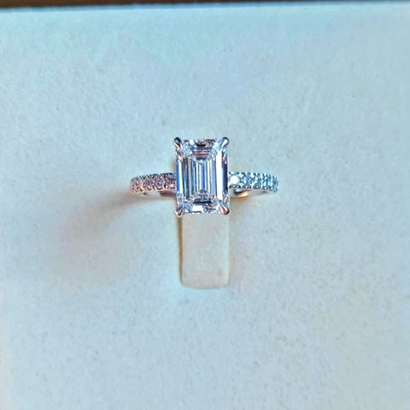 Solid 14k Gold 2ct (E VS2) Lab Emerald Cut Diamond Ring with Side and Hidden Halo Lab Diamond