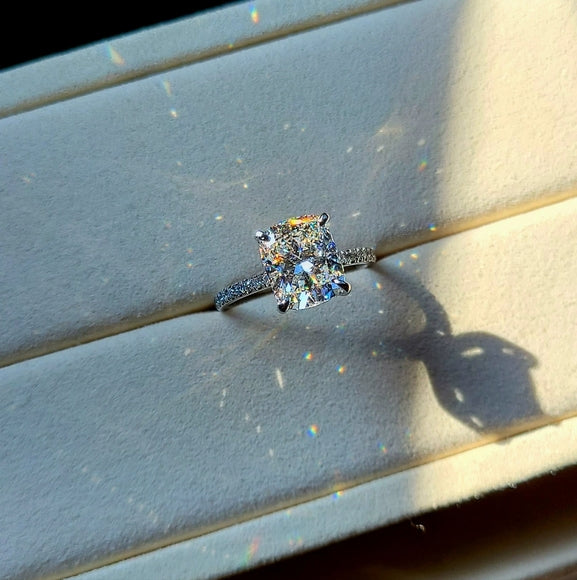 Platinum 3.5ct (F VVS2) Lab Cushion Diamond Ring with Side and Hidden Halo Lab Diamond