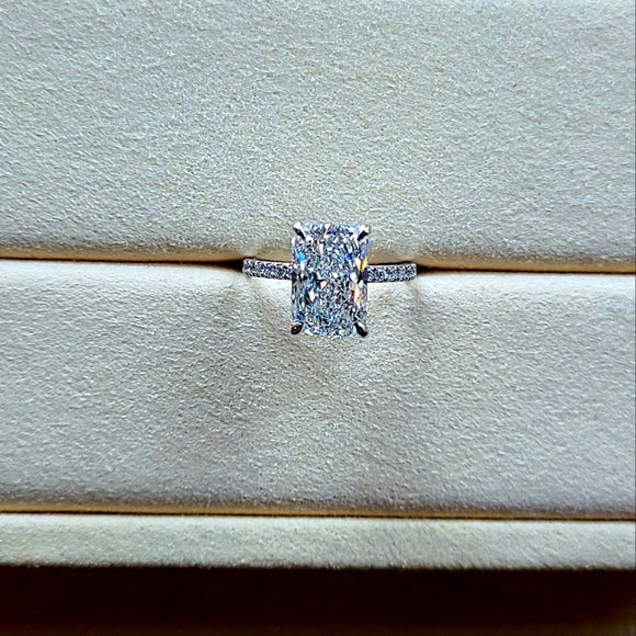 Solid 14k Gold 3.46ct (F VS2) Lab Radiant Diamond Ring with Side and Hidden Halo Lab Diamond