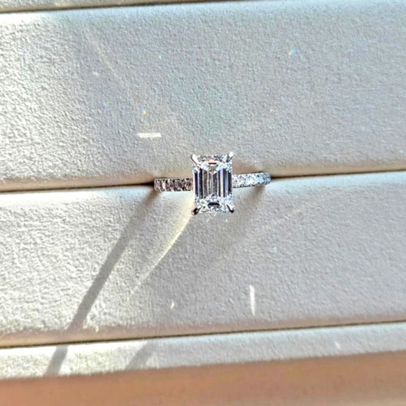 Platinum 2ct E VS2 Lab Emerald Cut Diamond Ring with Side and Hidden Halo Lab Diamond