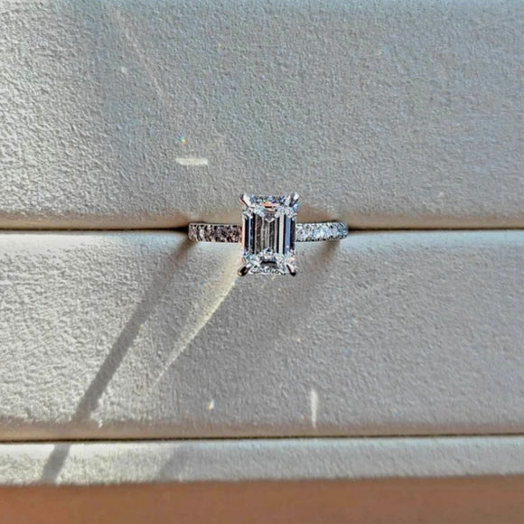 Platinum 2ct E VS2 Lab Emerald Cut Diamond Ring with Side and Hidden Halo Lab Diamond