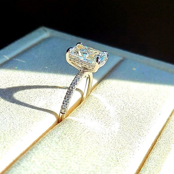 Solid 14k Gold 3ct F VS1 Lab Radiant Diamond Ring with Side and Hidden Halo Lab Diamond