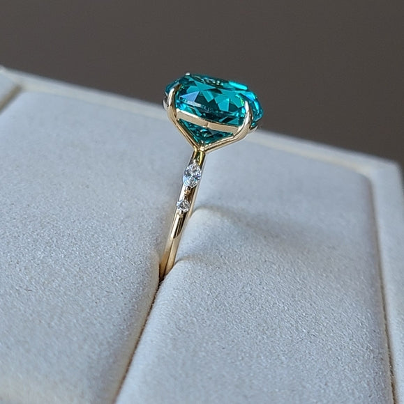 Solid 14k Gold 8.5ct Lab Oval Paraiba Tourmaline Ring with Side Lab Diamonds