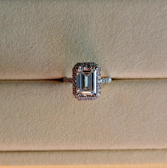 Platinum 3ct F VS1 Lab Emerald Cut Diamond Ring with Side and Halo Lab Diamond