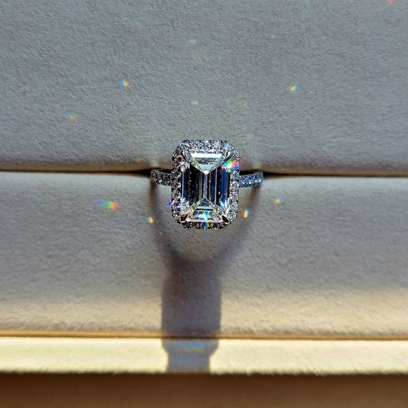 Platinum 3ct F VS1 Lab Emerald Cut Diamond Ring with Side and Halo Lab Diamond