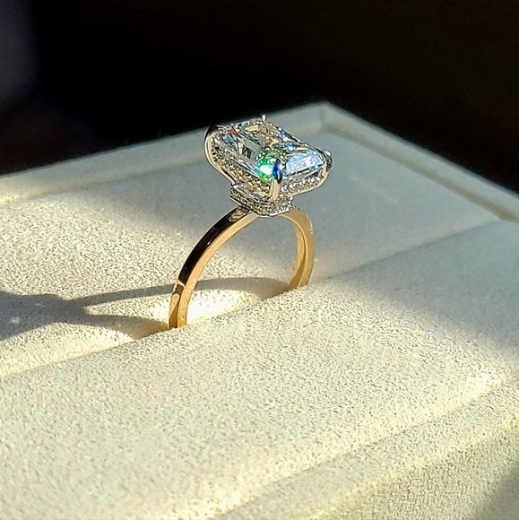 Solid 14k Gold 3.5ct F VS2 Lab Radiant Diamond Ring with Double Hidden Halo Lab Diamond