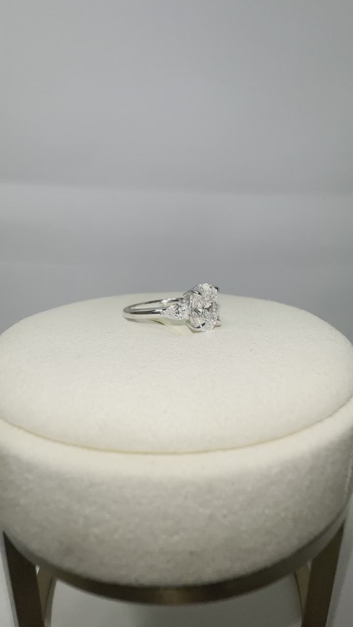 Solid 14k Gold 2.16TCW Lab Oval Diamond Ring with Side Lab Pear Diamond