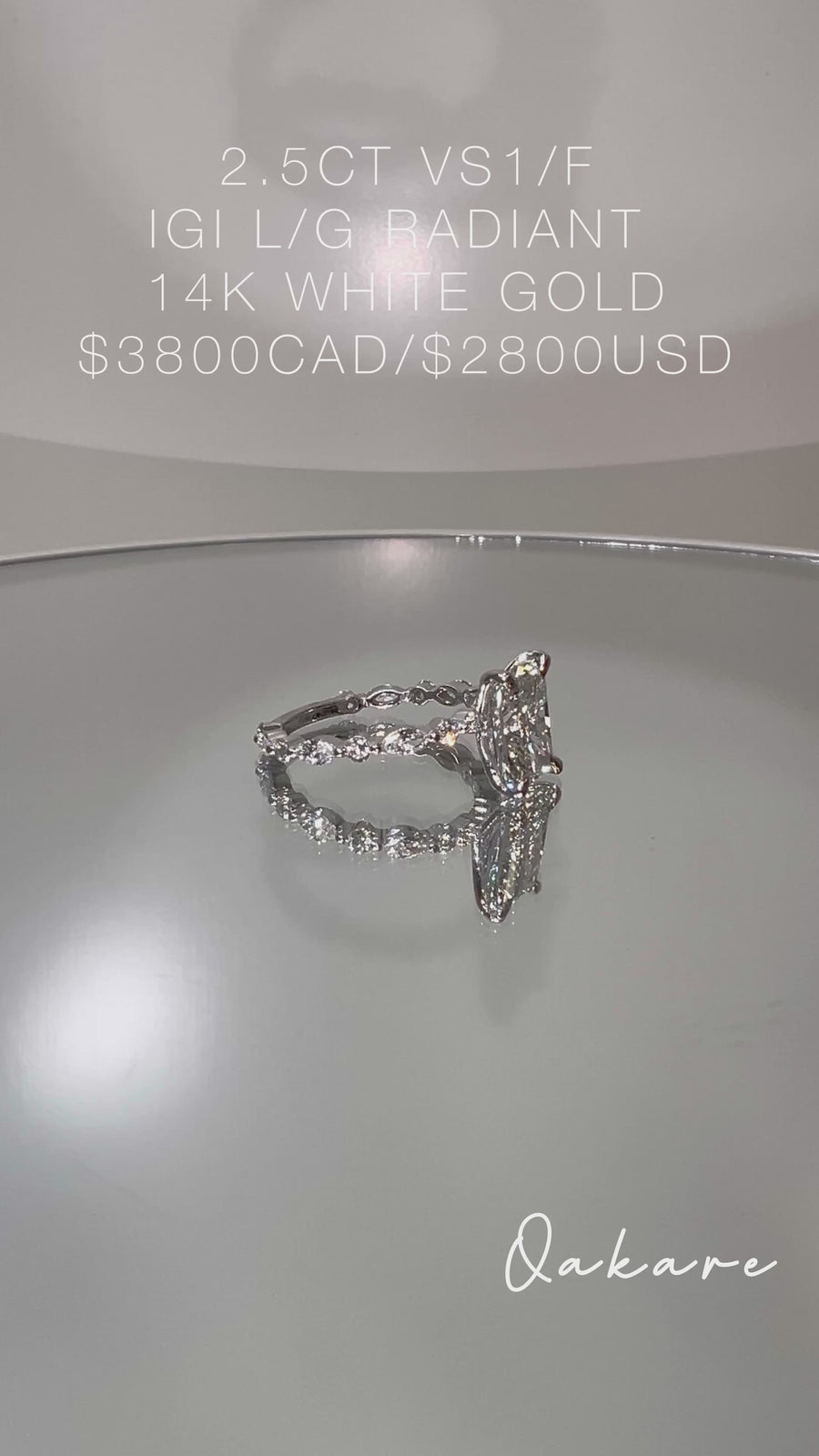 Solid 14k Gold 2.5ct F VS1 Lab Radiant Diamond Ring with Side Lab Diamonds