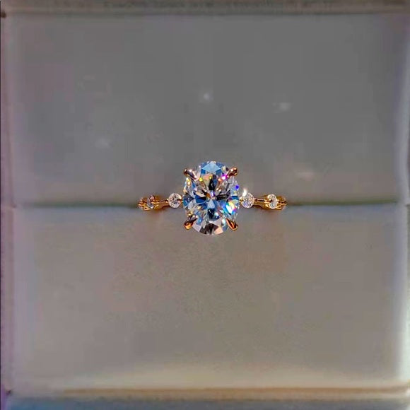 Solid 14k Gold 2ct Oval Moissanite Ring with Side and Hidden Halo Stones