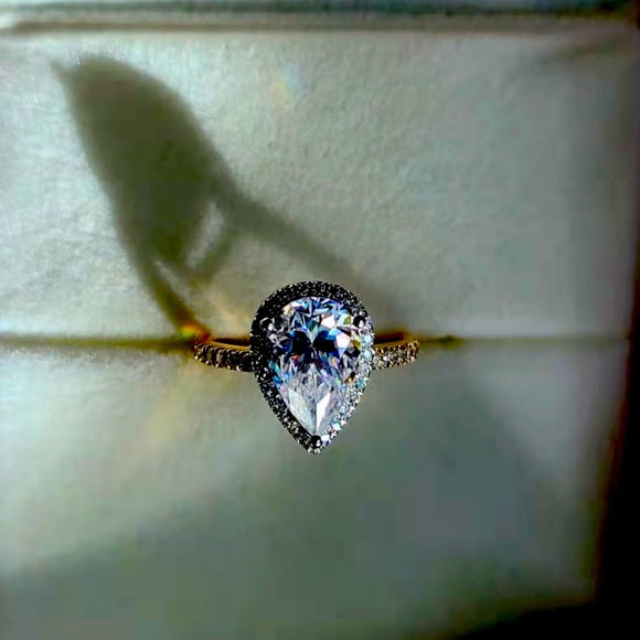 Solid 14k Gold (2-tone) 2.5ct Pear Moissanite Ring with Side & Halo Stones