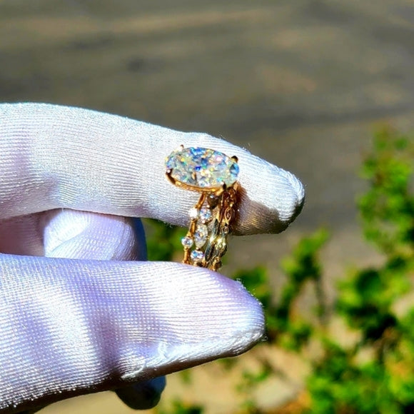 Solid 14k Gold Oval Moissanite Ring and Marquis/Round Moissanite 3/4  Band Set(OV615) - Main Image