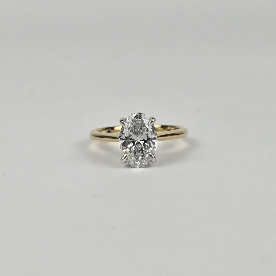 Solid 18k White and Yellow Gold 1.5ct E VVS2 Lab Oval Diamond Ring with EF VS Lab Hidden Halo, Cathedral Setting