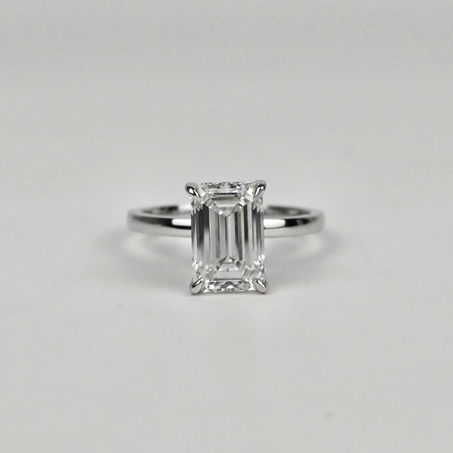 Solid 14k Gold 3ct E VVS2 Lab Diamond Emerald Cut Ring with EF VS Lab Diamond Hidden Halo