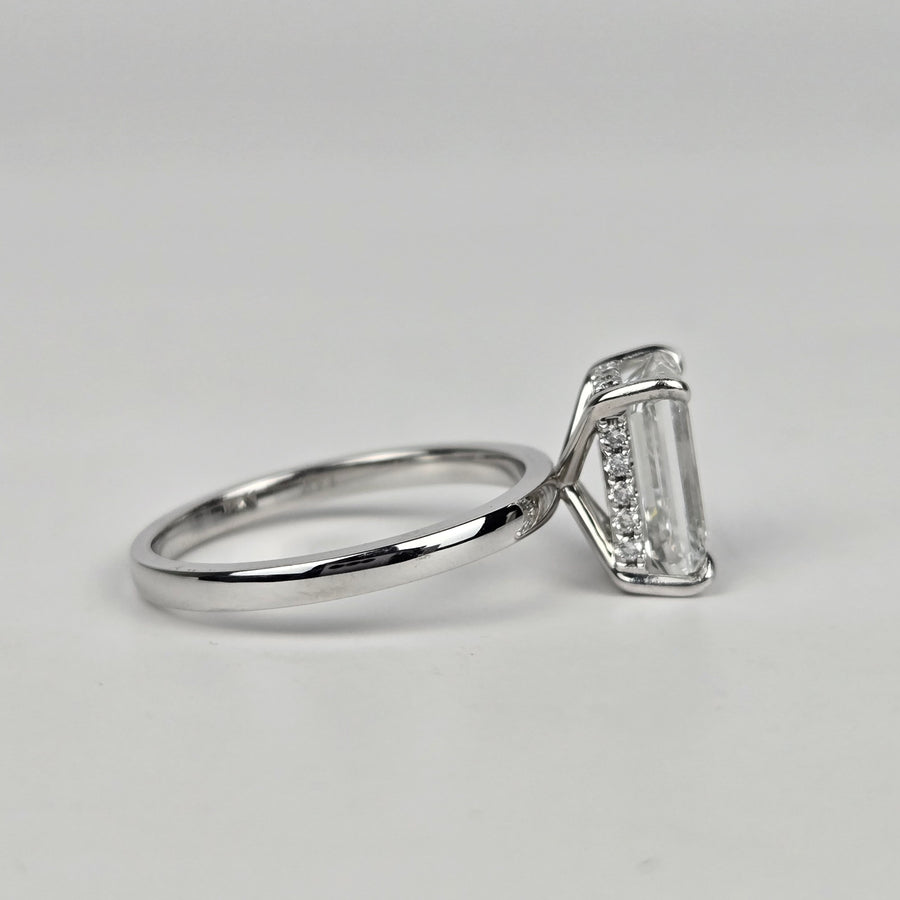 Solid 14k Gold 3ct E VVS2 Lab Diamond Emerald Cut Ring with EF VS Lab Diamond Hidden Halo