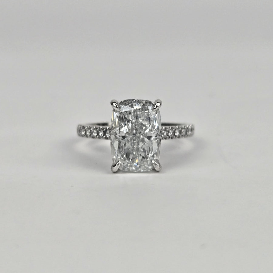 Solid 14k Gold 4ct F VVS2 Lab Diamond Cushion Ring with EF VS Lab Diamond Side and Hidden Halo, Cathedral Setting