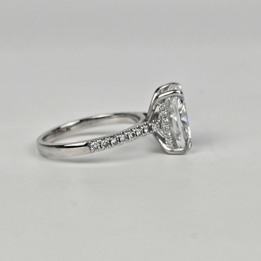 Solid 14k Gold 4ct F VVS2 Lab Diamond Cushion Ring with EF VS Lab Diamond Side and Hidden Halo, Cathedral Setting