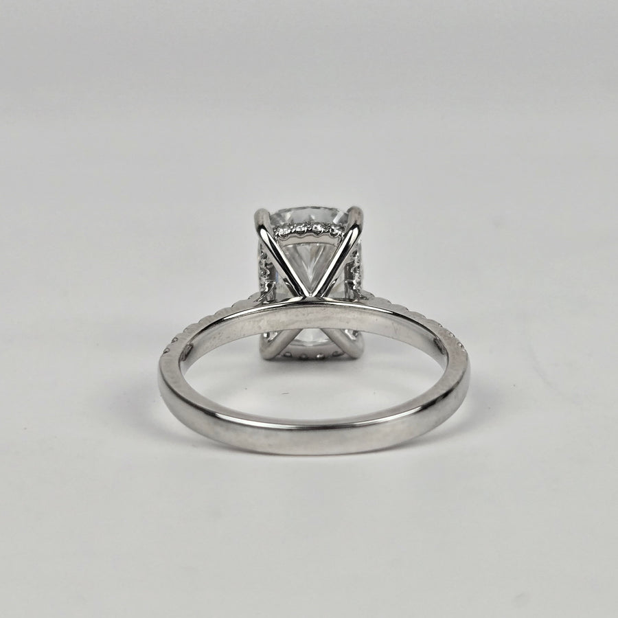 Solid 14k Gold 4ct F VVS2 Lab Diamond Cushion Ring with EF VS Lab Diamond Side and Hidden Halo, Cathedral Setting