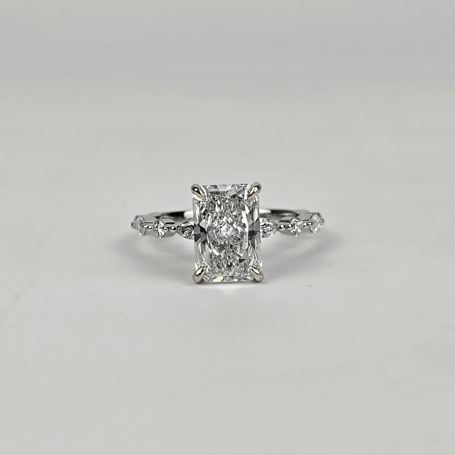 Solid 14k Gold 2.5ct D VS1 Lab Radiant Diamond Ring with EF VS Lab Side and Hidden Halo Stones, 3/4 Eternity