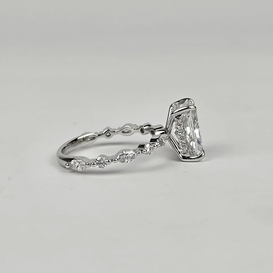 Solid 14k Gold 2.5ct D VS1 Lab Radiant Diamond Ring with EF VS Lab Side and Hidden Halo Stones, 3/4 Eternity