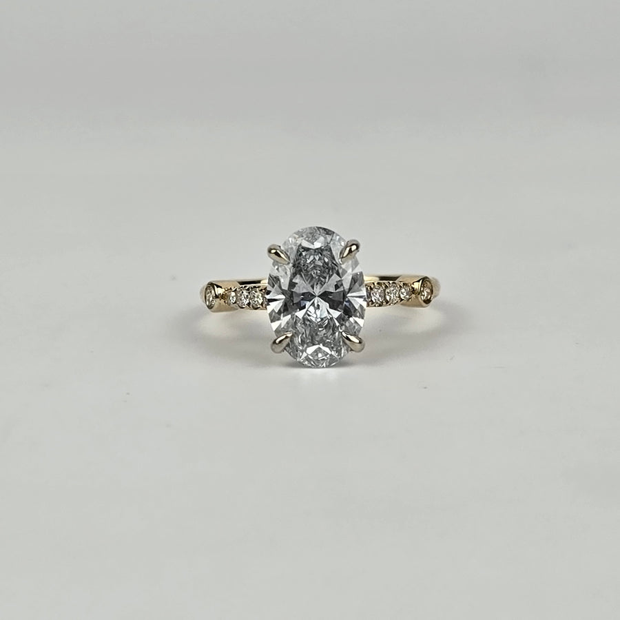 Solid 14k White and Yellow Gold 2.5ct E VS1 Lab Oval Diamond Ring with EF VS Lab Diamond Side Stones