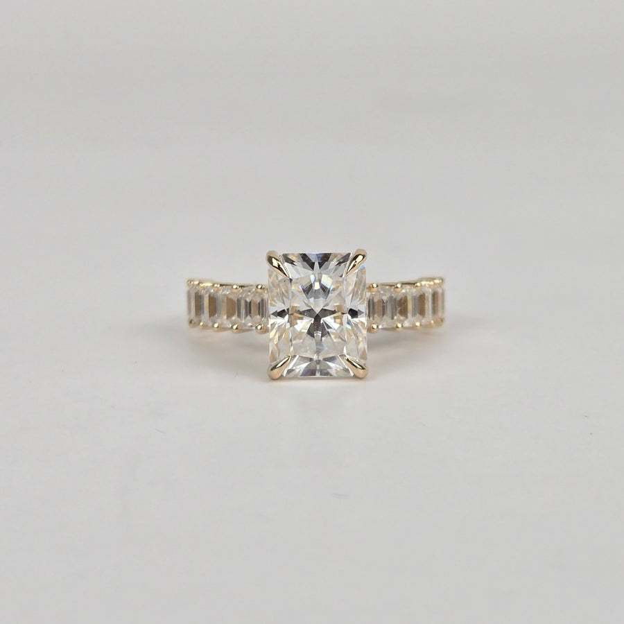 Solid 10k Gold 3ct (7x9mm) D VVS1 Radiant Moissanite Engagement Ring with Moissanite Hidden Halo and 2x3mm Baguette Moissanite Side Stones, Half Eternity