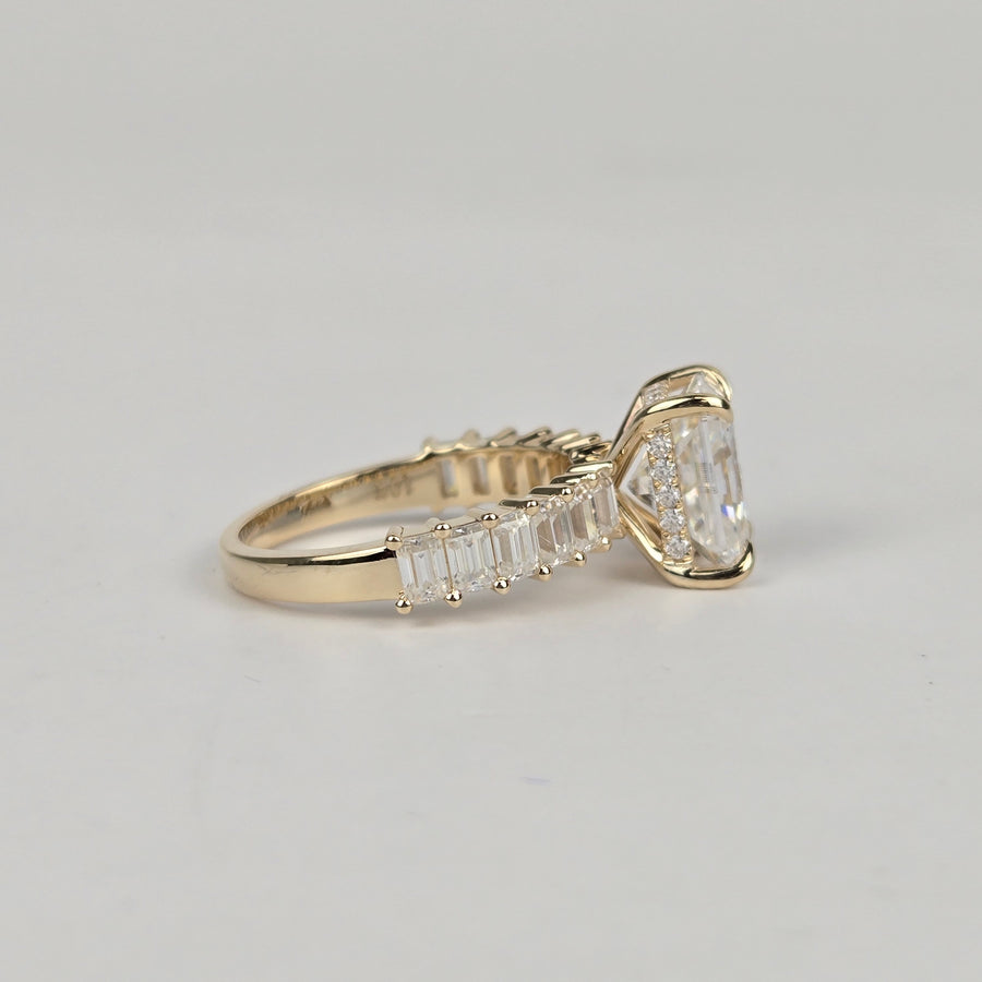 Solid 10k Gold 3ct (7x9mm) D VVS1 Radiant Moissanite Engagement Ring with Moissanite Hidden Halo and 2x3mm Baguette Moissanite Side Stones, Half Eternity