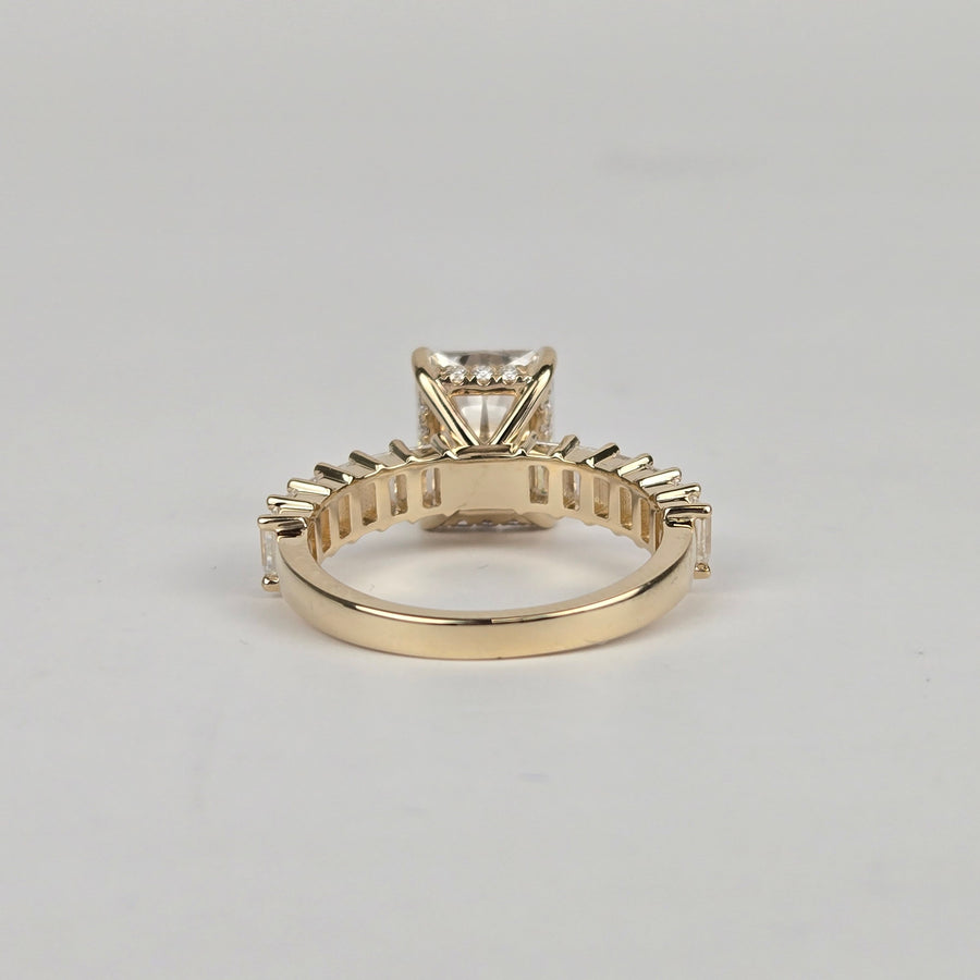 Solid 10k Gold 3ct (7x9mm) D VVS1 Radiant Moissanite Engagement Ring with Moissanite Hidden Halo and 2x3mm Baguette Moissanite Side Stones, Half Eternity