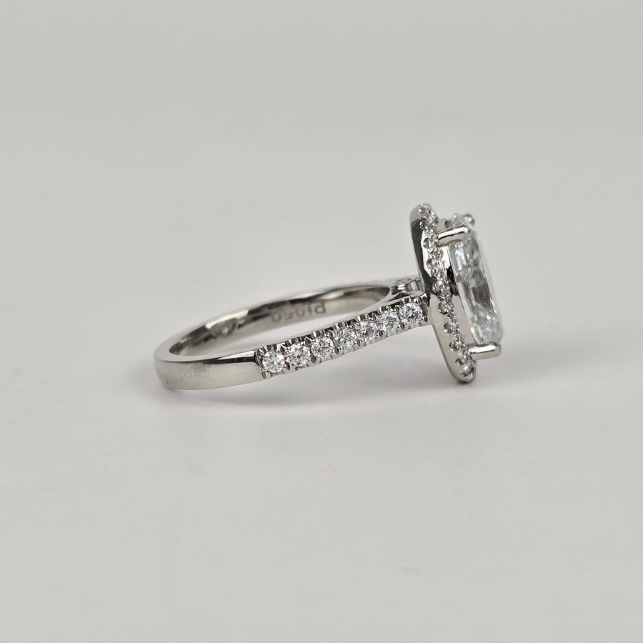 Platinum 2ct D VVS2 Lab Diamond Oval Ring with Lab Diamond Side and Halo Stones
