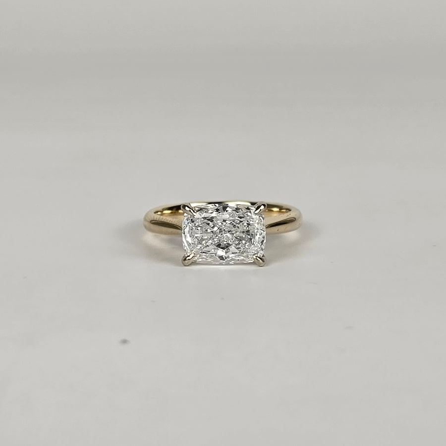 Solid 14k White and Yellow Gold 2.5ct E VVS2 Lab Diamond Cushion Ring, Euro Shank, East/West Setting