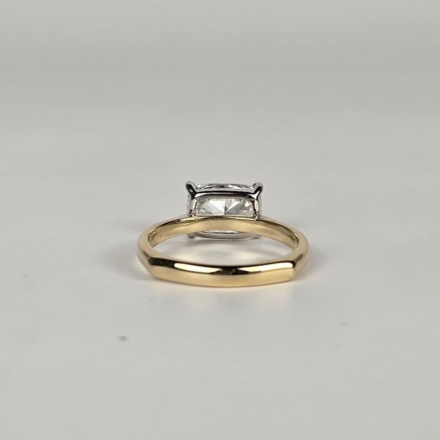 Solid 14k White and Yellow Gold 2.5ct E VVS2 Lab Diamond Cushion Ring, Euro Shank, East/West Setting