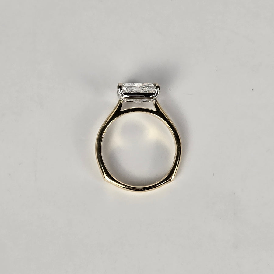 Solid 14k White and Yellow Gold 2.5ct E VVS2 Lab Diamond Cushion Ring, Euro Shank, East/West Setting