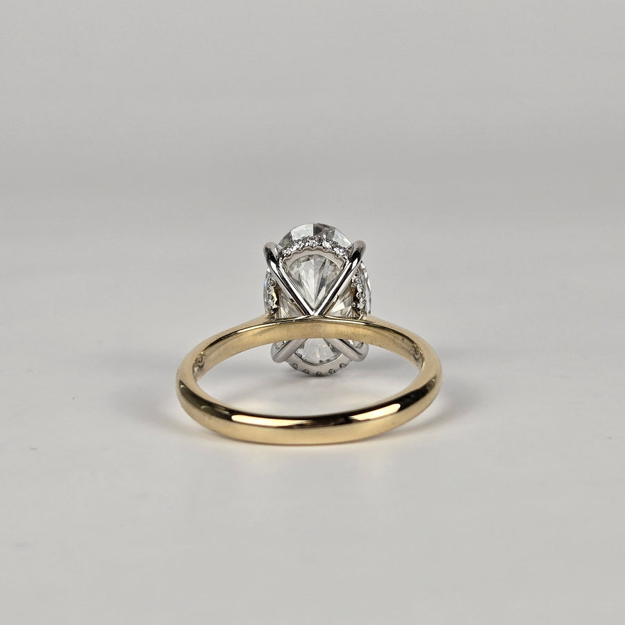 Solid 14k White and Yellow Gold 4.5ct F VS1 Lab Diamond Oval Ring with Lab Diamond Hidden Halo