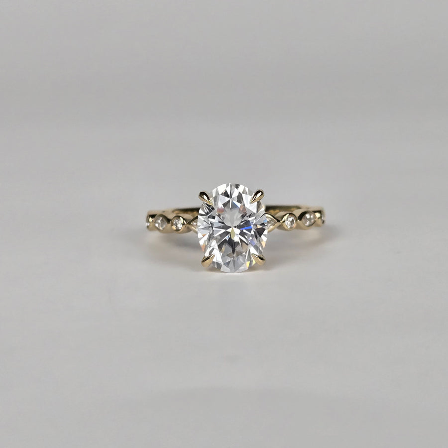 Solid 14k Gold 2ct (7x9mm) D VVS1 Oval Moissanite Ring with Marquise/Round Moissanite Side Stones, 3/4 Eternity(OV627)