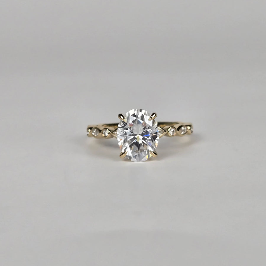 Solid 14k Gold 2ct (7x9mm) D VVS1 Oval Moissanite Ring with Marquise/Round Moissanite Side Stones, 3/4 Eternity