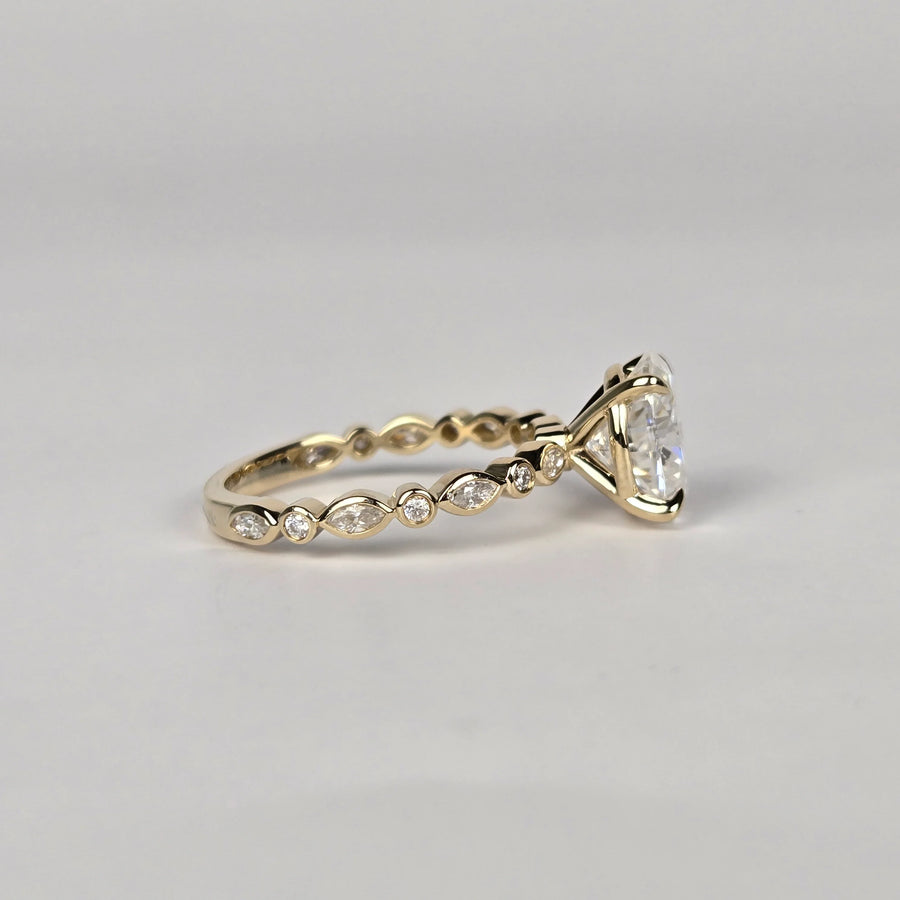 Solid 14k Gold 2ct (7x9mm) D VVS1 Oval Moissanite Ring with Marquise/Round Moissanite Side Stones, 3/4 Eternity