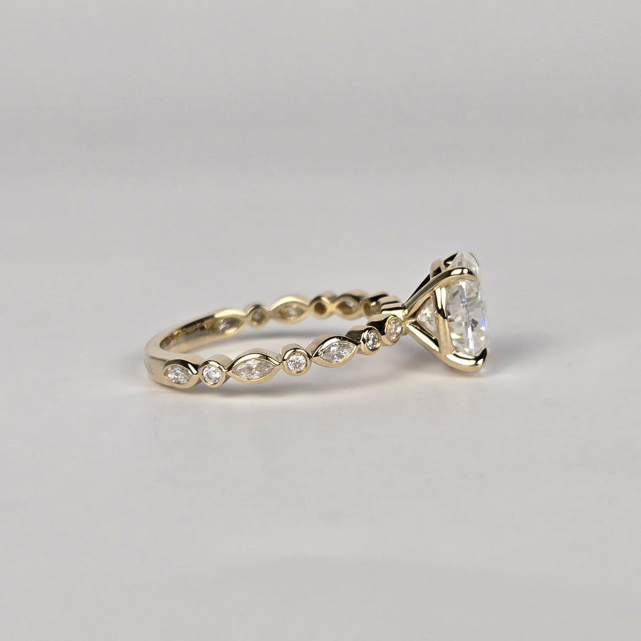 Solid 14k Gold 2ct (7x9mm) D VVS1 Oval Moissanite Ring with Marquise/Round Moissanite Side Stones, 3/4 Eternity(OV627)