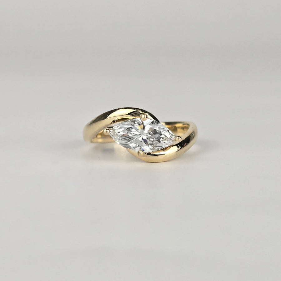 Solid 14k Gold 1.3ct F VS1 Marquise Ring, East/West Setting, 3mm Wide Band