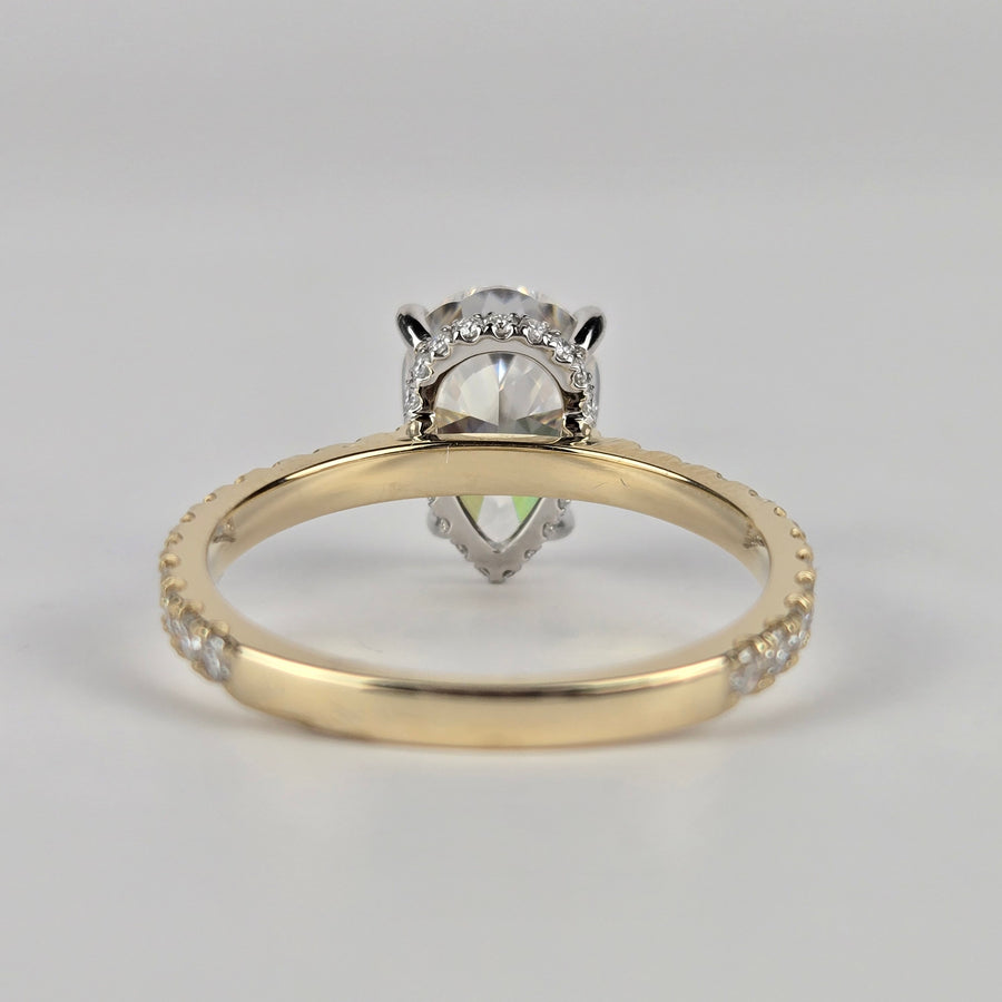 Solid 14k White and Yellow Gold 2.5ct (7x10.5mm) D VVS1 Pear Moissanite Ring with Moissanite Side and Hidden Halo, 3/4 Band(2-tone)(PE602)