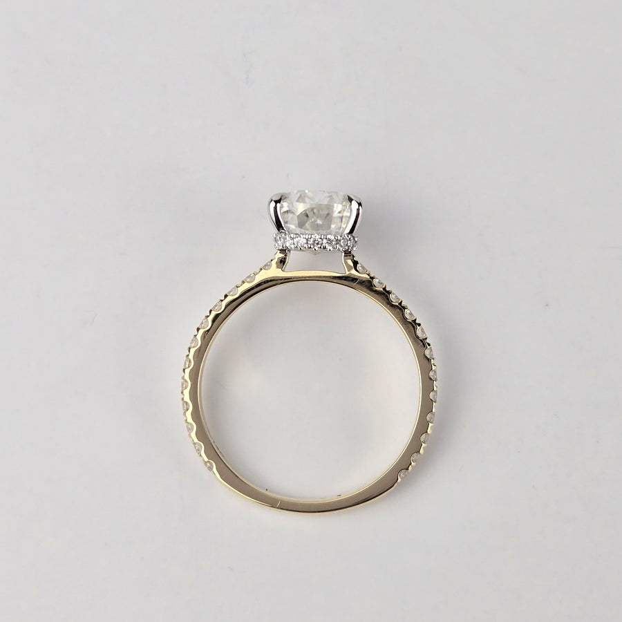 Solid 14k White and Yellow Gold 2.5ct (7x10.5mm) D VVS1 Pear Moissanite Ring with Moissanite Side and Hidden Halo, 3/4 Band(2-tone)(PE602)