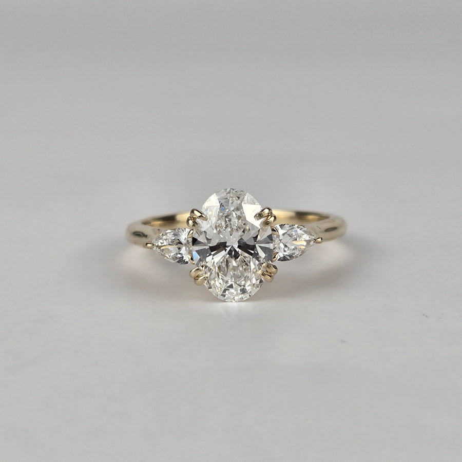 Solid 14k Gold 2ct F VS1 Lab Diamond Oval Ring with Lab Pear Diamond Side Stone and Lab Diamond Hidden Bridge
