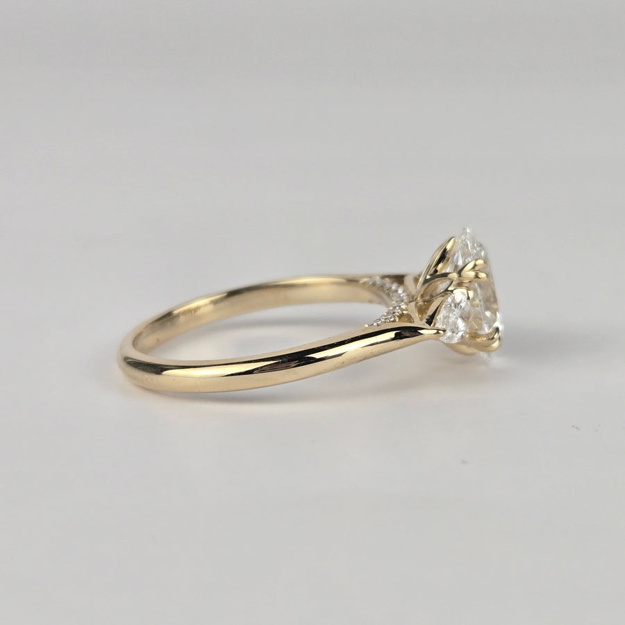 Solid 14k Gold 2ct F VS1 Lab Diamond Oval Ring with Lab Pear Diamond Side Stone and Lab Diamond Hidden Bridge