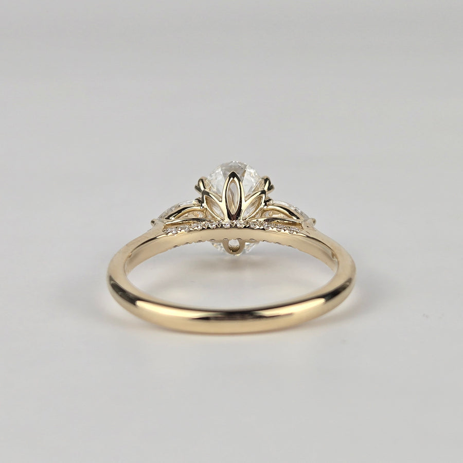 Solid 14k Gold 2ct F VS1 Lab Diamond Oval Ring with Lab Pear Diamond Side Stone and Lab Diamond Hidden Bridge