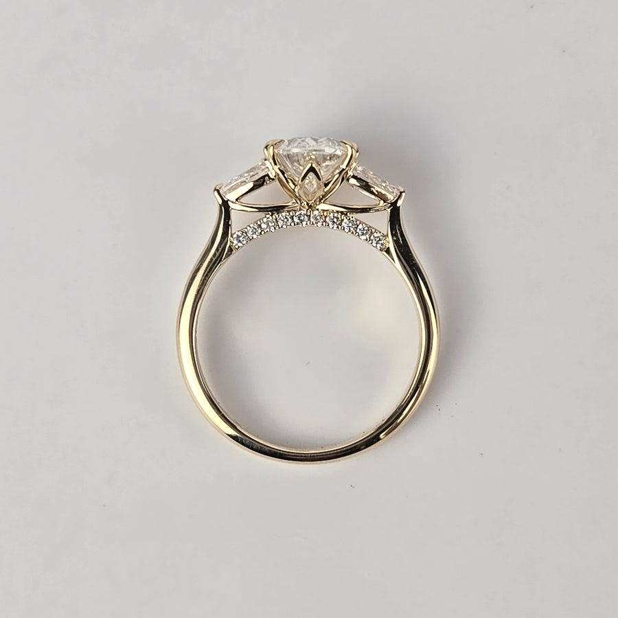 Solid 14k Gold 2ct F VS1 Lab Diamond Oval Ring with Lab Pear Diamond Side Stone and Lab Diamond Hidden Bridge