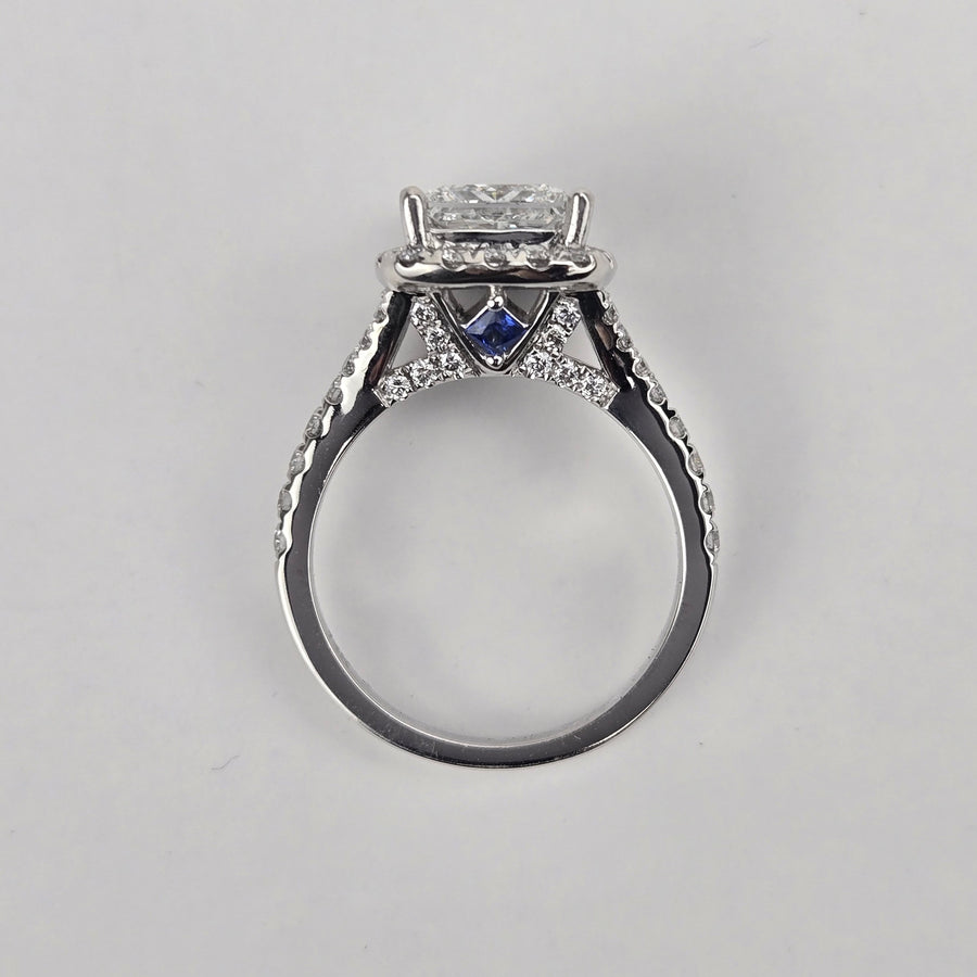 Solid 14k Gold 1.5ct D VVS2 Lab Diamond Oval Ring with Lab Diamond Halo & Side Stones and Hidden Bridge, Lab Sapphire