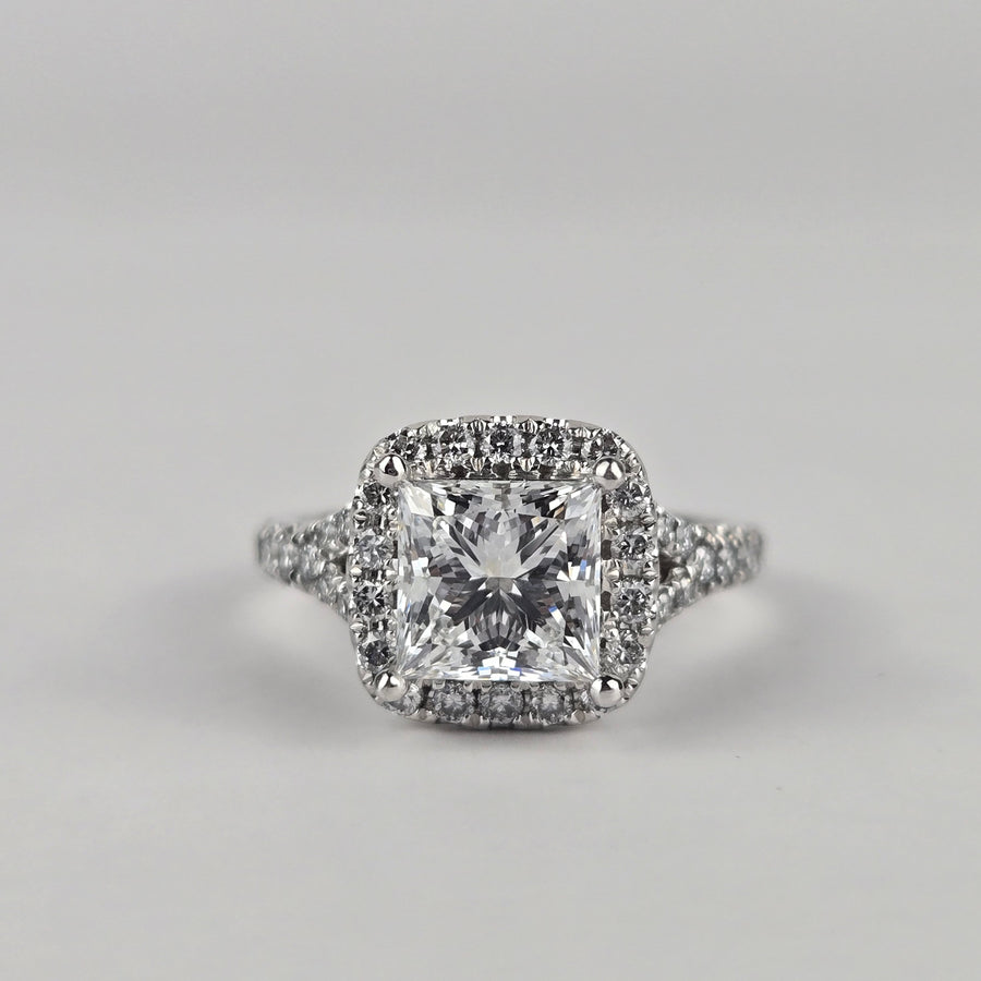 Solid 14k Gold 1.5ct D VVS2 Lab Diamond Oval Ring with Lab Diamond Halo & Side Stones and Hidden Bridge, Lab Sapphire