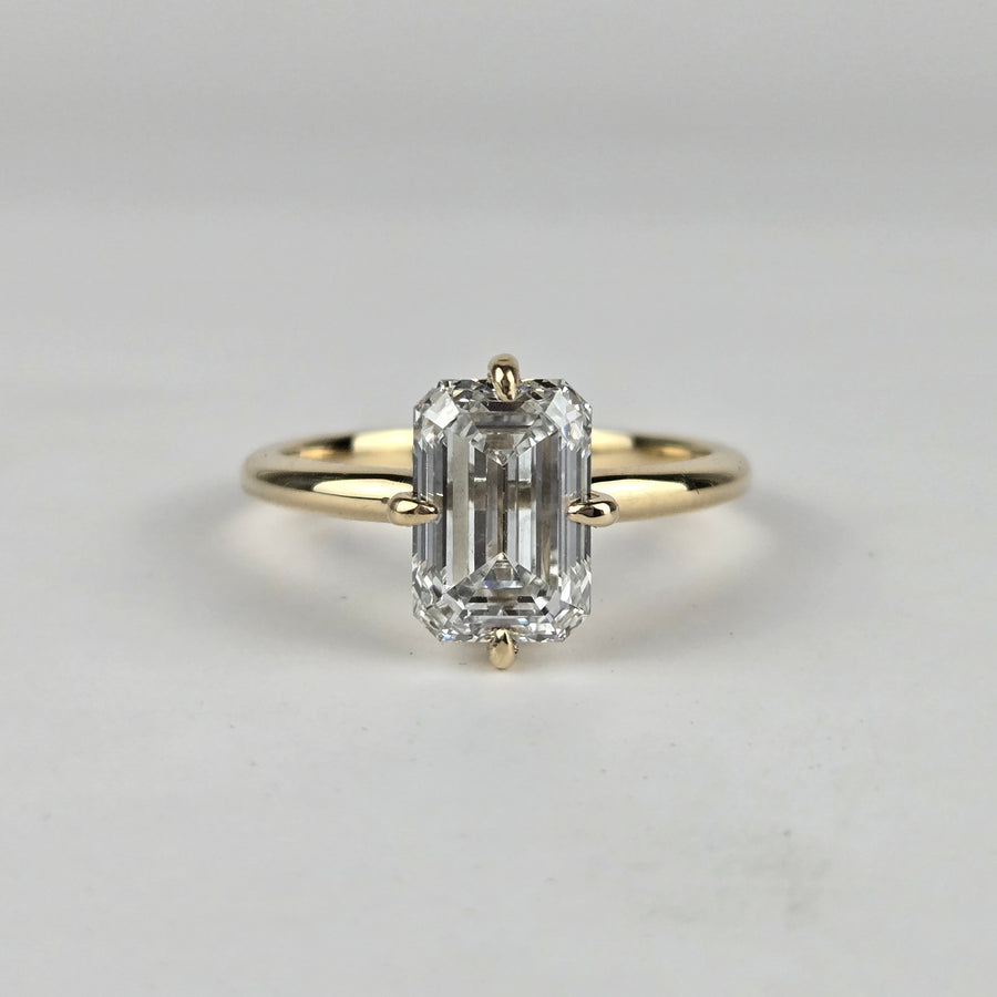 Solid 14k Gold 2.5ct E VVS2 Lab Diamond Emerald Ring, 2mm Wide Band, Euro Shank, North/South Prongs