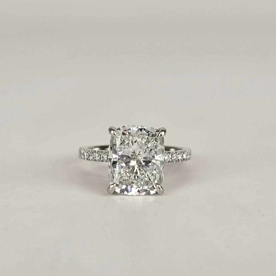 Platinum 3.5ct G VVS2 Lab Diamond Cushion Ring with Lab Diamond Side and Hidden Halo(CU812)