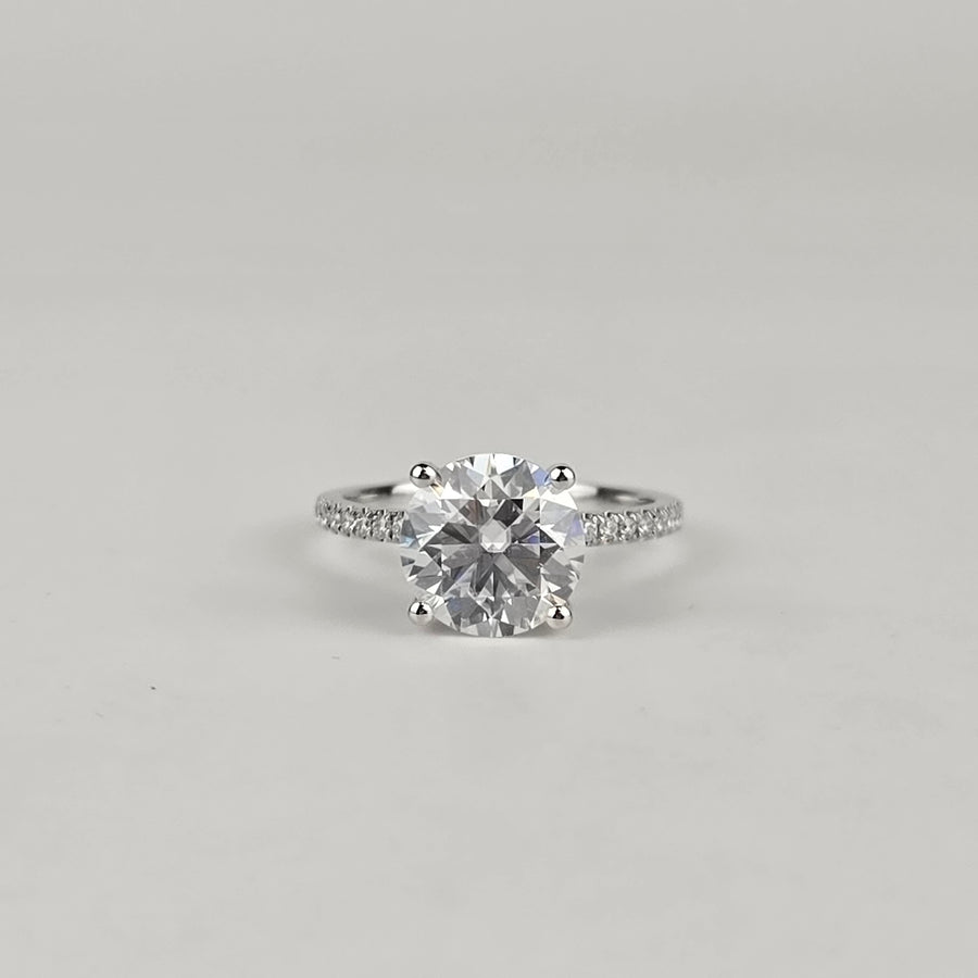 Solid 14k Gold 2.5ct (8.5mm) D VVS1 Round Moissanite Ring with Moissanite Side and Hidden Halo