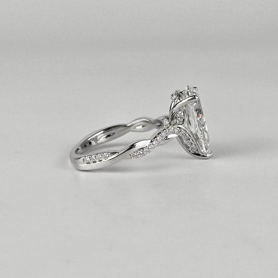 Solid 14k Gold 2.8ct E VVS2 Lab Diamond Pear Ring with Lab Diamond Side and Hidden Halo, Euro Shank(P803)