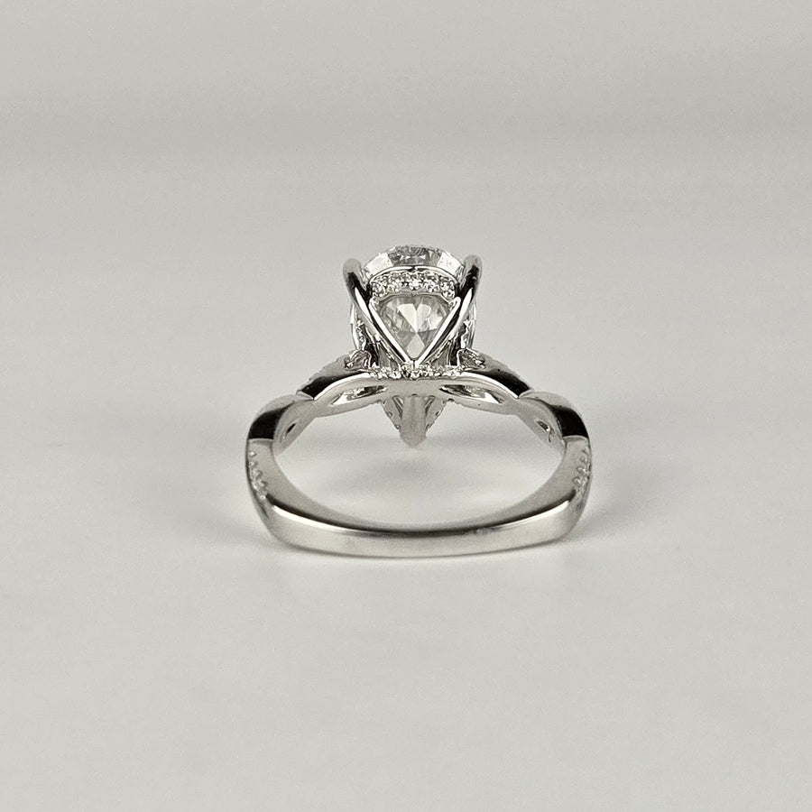 Solid 14k Gold 2.8ct E VVS2 Lab Diamond Pear Ring with Lab Diamond Side and Hidden Halo, Euro Shank(P803)